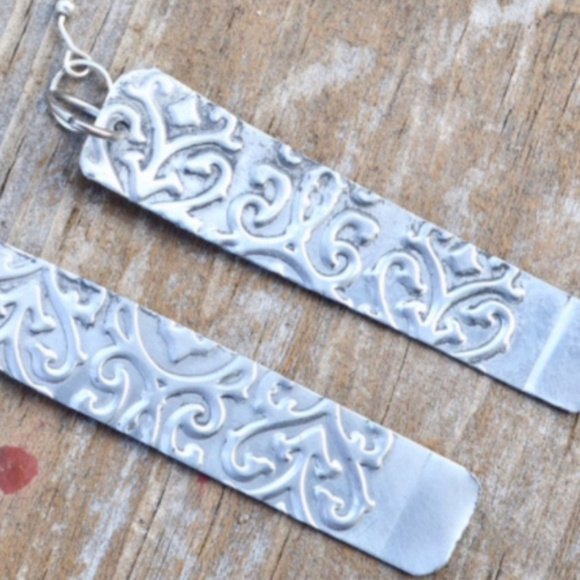 Conceptual Subculture Jewelry - Filigree Embossed Silver Long Earrings Rustic Boho